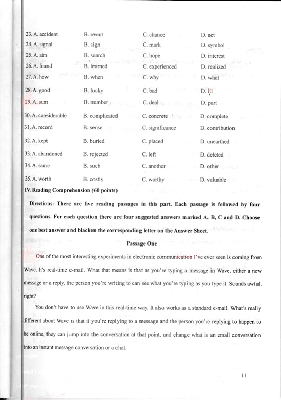 2010年成人高考專升本英語試題及答案