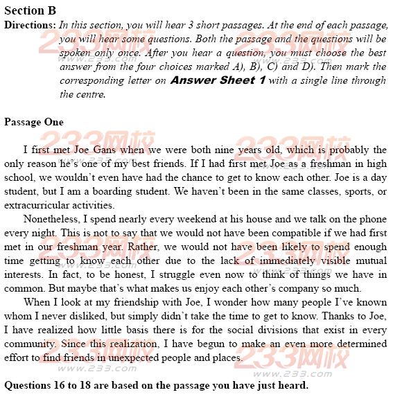 大學英語四級考試樣題及答案：聽力理解