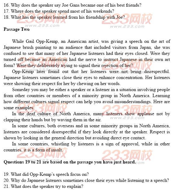 大學英語四級考試樣題及答案：聽力理解